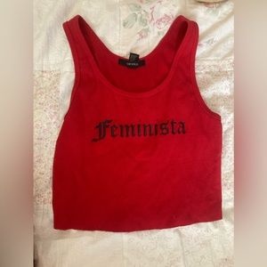 Red “ feminist” shirt